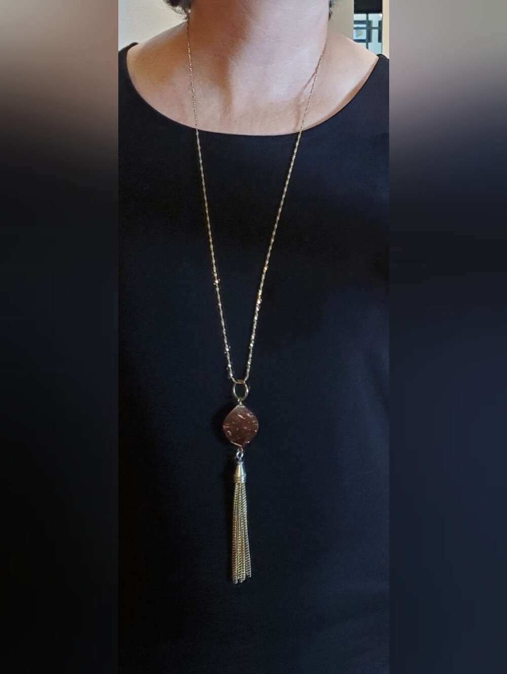 Gold Chain Necklace with Brown Stone Tassel Pendant